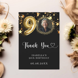 Cartão De Agradecimento foto de 90 de aniversário de estrelas pretas doura