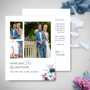 Cartão De Agradecimento Foto de amor e gratidão, Casamento Roxo e Azul