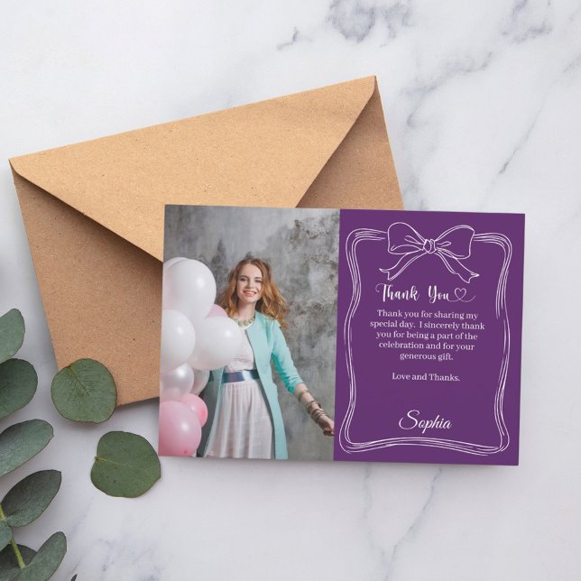 Cartão De Agradecimento Foto de aniversário, arco roxo, manuscrito (Criador carregado)