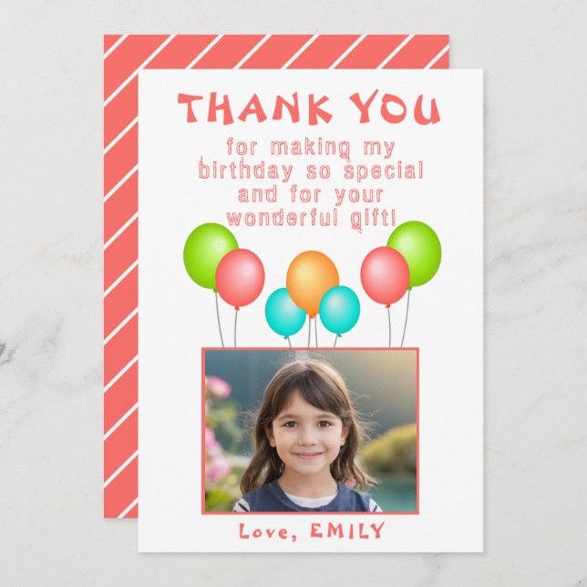 Cartão De Agradecimento Foto de aniversário da garota balões (Frente/Verso)