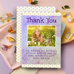 Cartão De Agradecimento Foto de Aniversário da Garota de Padrão Amarelo-Bo