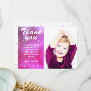 Cartão De Agradecimento Foto De Aniversário Da Rapariga Metálica Cor-De-Ro