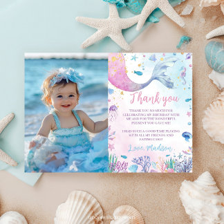 Cartão De Agradecimento Foto de Aniversário da Sereia Pastel Debaixo do Ma