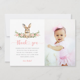 Cartão De Agradecimento Foto de aniversário de 1 ano de menina coelhinho f