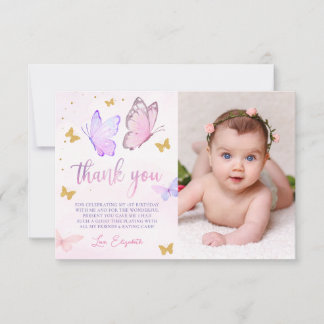 Cartão De Agradecimento Foto de aniversário de 1 ano de menina com borbole