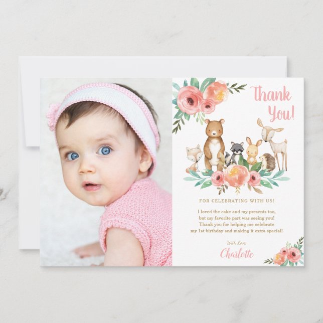 Cartão De Agradecimento Foto de aniversário de fêmeas de bosque floral (Frente)