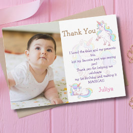 Cartão De Agradecimento Foto de aniversário de menina bebê Unicórnio de co