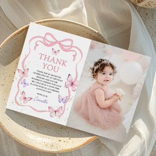 Cartão De Agradecimento Foto de Aniversário de Menina com Borboleta e Laço