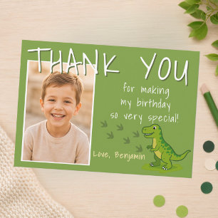Cartão De Agradecimento Foto de aniversário de menino com T-Rex Dinossauro