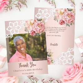 Cartão De Agradecimento foto de aniversário de rendas brancas florais rosa