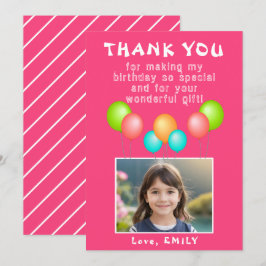 Cartão De Agradecimento Foto de aniversário de uma garota de balões cor-de