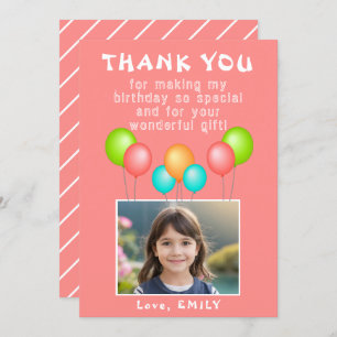 Cartão De Agradecimento Foto de aniversário de uma garota de balões cor-de
