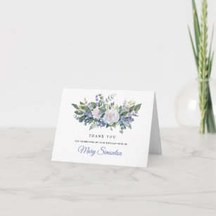 Cartão De Agradecimento Foto de Aniversário do 90 Floral Branco Azul