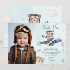 Cartão De Agradecimento Foto de aniversário do avião azul de urso azul do 