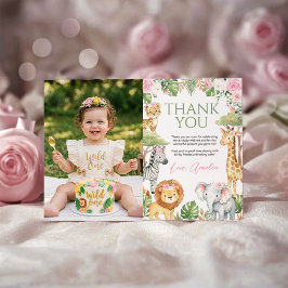 Cartão De Agradecimento Foto de Aniversário Floral Rosa de Animais da Selv
