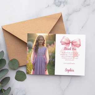 Cartão De Agradecimento Foto de aniversário menina laço rosa branco