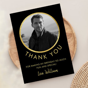 Cartão De Agradecimento Foto De Aniversário Preta E Dourada