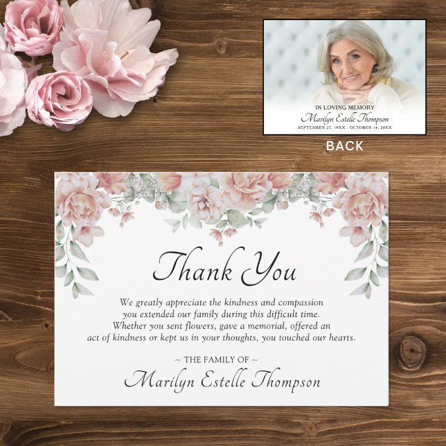 Cartão De Agradecimento Foto de Aquarela Floral Rosa, Funeral Memorial (Criador carregado)