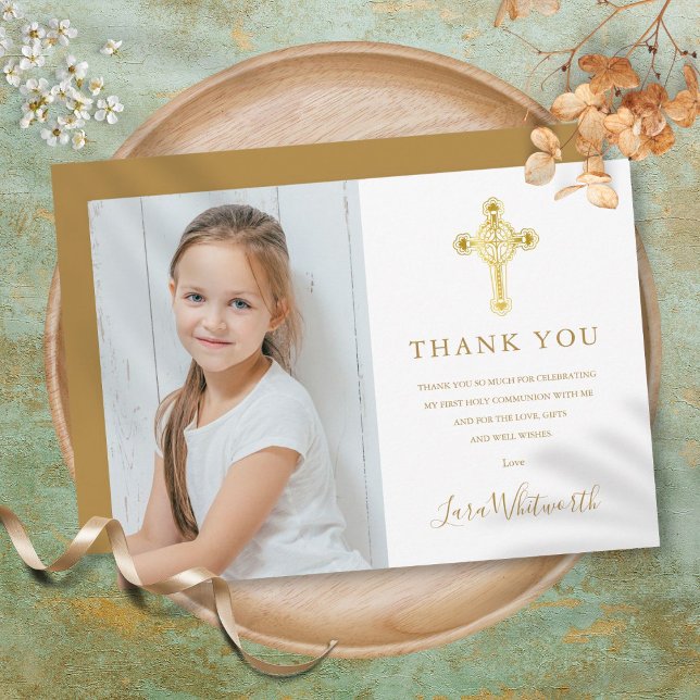 Cartão De Agradecimento Foto de Assinatura Dourada da Primeira Comunhão (First Holy Communion Gold Cross Signature Photo Thank You Card)