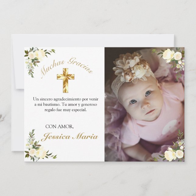 Cartão De Agradecimento Foto De Bautismo De Cruz De Oro Floral Gracias (Frente)