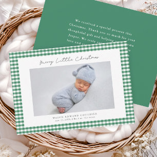 Cartão De Agradecimento Foto de Bebê de Natal com Padrão Xadrez Verde