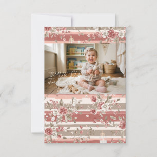 Cartão De Agradecimento Foto de Bebê Menina Floral Vintage Rosa Empoeirada
