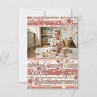 Cartão De Agradecimento Foto de Bebê Menina Floral Vintage Rosa Empoeirada