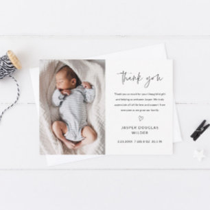 Cartão De Agradecimento Foto de Bebê Preto e Branco com Letra Simples