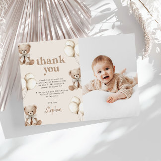 Cartão De Agradecimento Foto de Boho Teddy Bear Beary Primeiro Aniversário