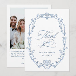 Cartão De Agradecimento Foto de Casamento Azul Dusty, Ornamentado Victoria