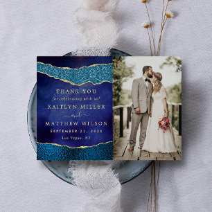Cartão De Agradecimento Foto de casamento azul e agata Dourada do Marinho