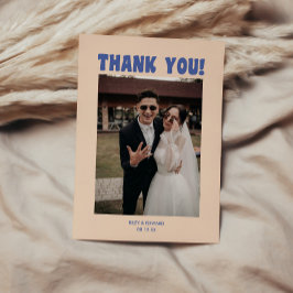 Cartão De Agradecimento Foto de casamento azul e bege retrô moderno