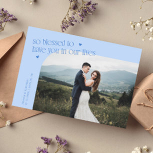 Cartão De Agradecimento Foto de casamento azul gelado tão abençoada