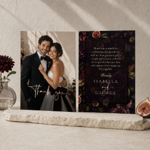 Cartão De Agradecimento Foto de casamento botânico floral burgundy sombrio