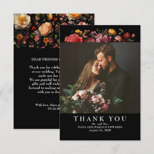 Cartão De Agradecimento Foto de Casamento Botânico Preto Floral Obrigado