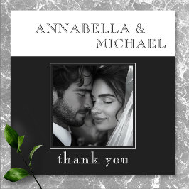 Cartão De Agradecimento Foto de Casamento Branco Negro da Tipografia Moder