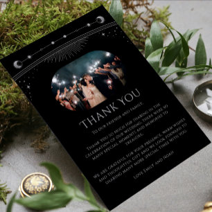 Cartão De Agradecimento Foto de casamento celestial preta e prateada