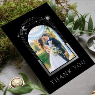 Cartão De Agradecimento Foto de casamento celestial preta e prateada