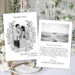 Cartão De Agradecimento Foto de Casamento Chic Boho da flor branca negra