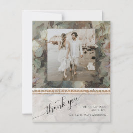 Cartão De Agradecimento Foto de Casamento Clássico Dourado Elegante Floral