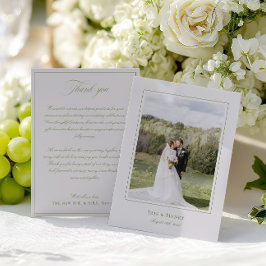 Cartão De Agradecimento Foto de Casamento Clássico Elegante Verde e Beige