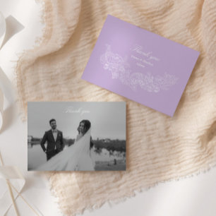 Cartão De Agradecimento Foto de Casamento com Brasão Romântico Roxo