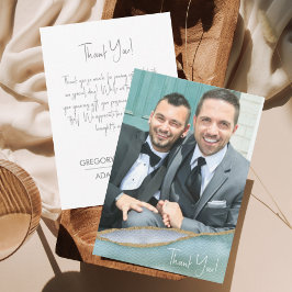 Cartão De Agradecimento Foto de Casamento com Ênfase Dourada em Água de Se