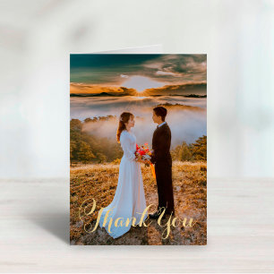 Cartão De Agradecimento Foto de casamento com escrita em ouro elegante