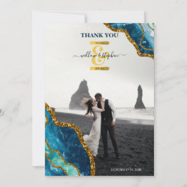 Cartão De Agradecimento Foto de Casamento com Glitter Geode Azul e Dourado