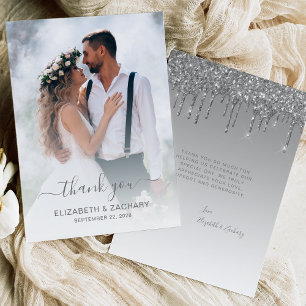 Cartão De Agradecimento Foto de casamento com gotejamento de brilho pratea