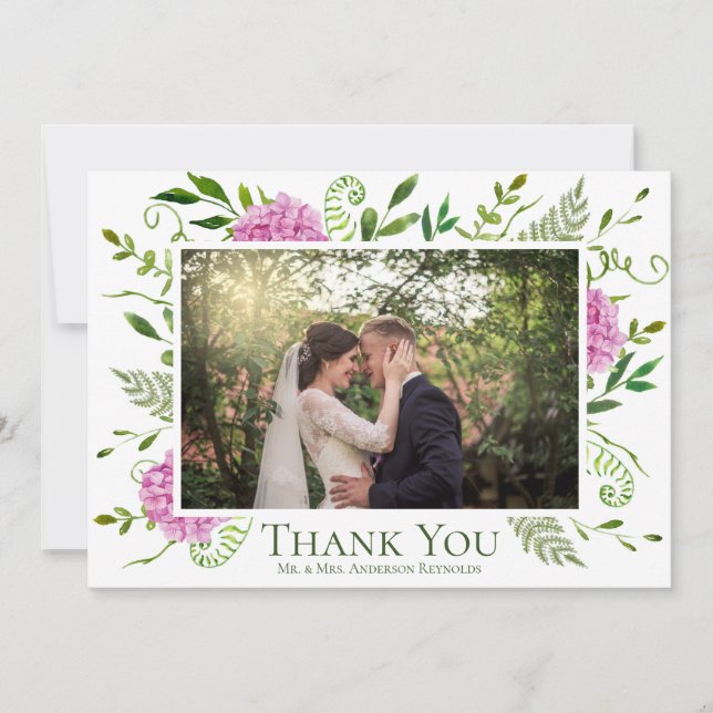 Cartão De Agradecimento Foto de casamento com Hortênsia Rosa (Frente)