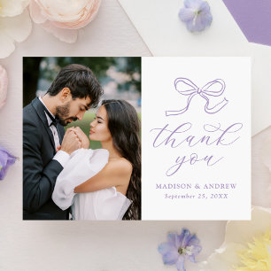 Cartão De Agradecimento Foto de casamento com laço de lavanda elegante