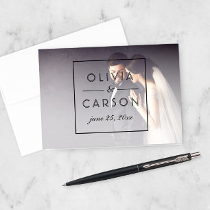 Cartão De Agradecimento Foto de Casamento com Monograma Geométrico Preto M