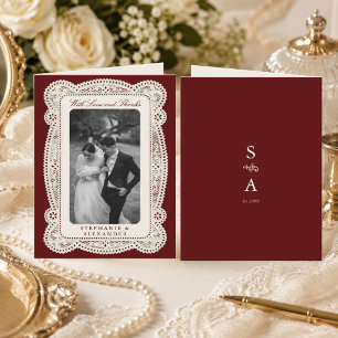 Cartão De Agradecimento Foto de casamento com renda vintage bordô e dinhei